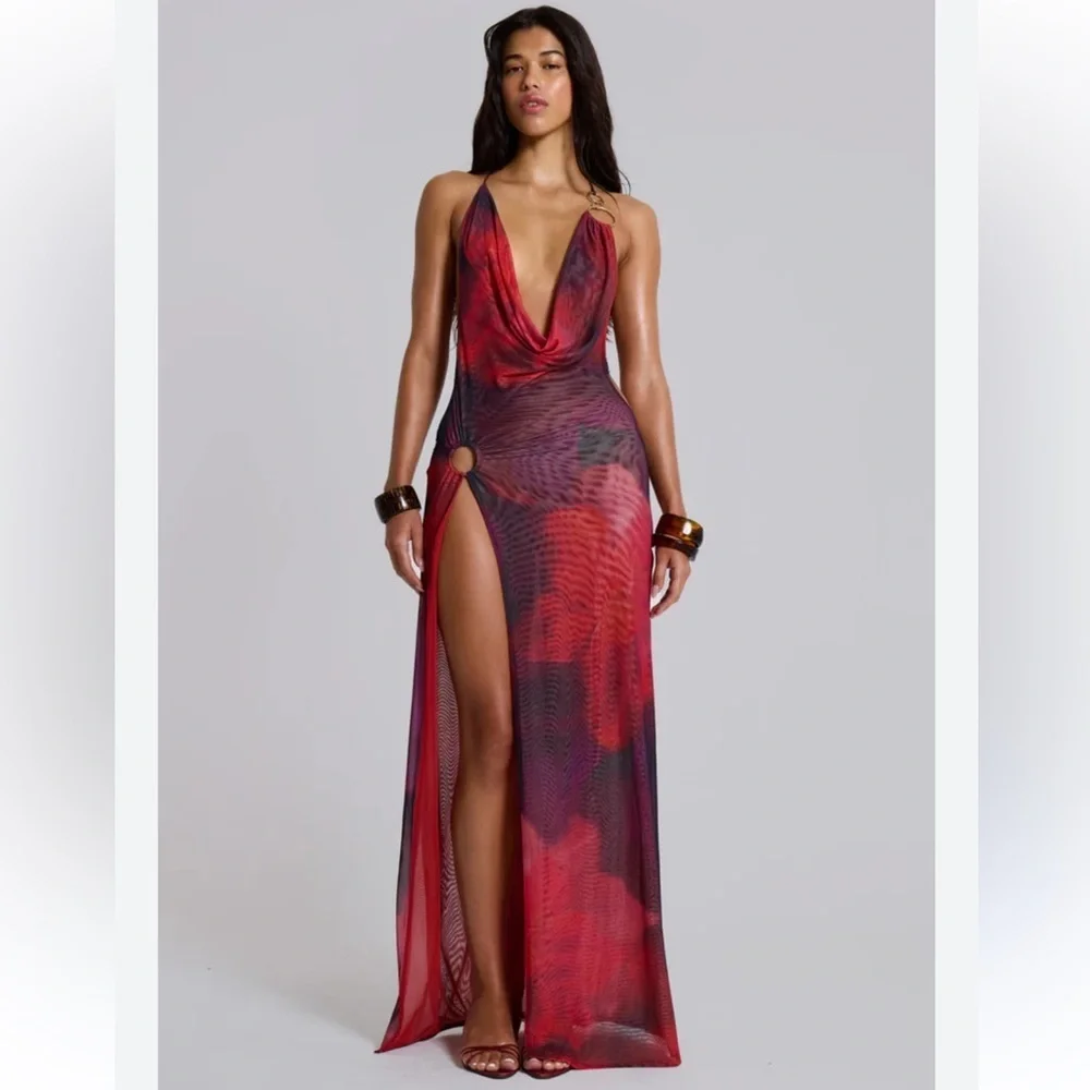 Jaded London Vixen Red Maxi Dress micro mesh print cut out Revolve NWT 2
